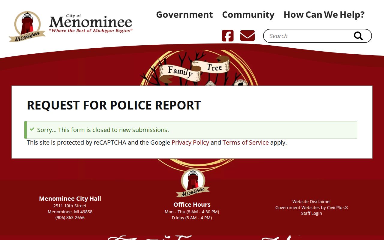City of Menominee police report request webpage with City Hall contact details